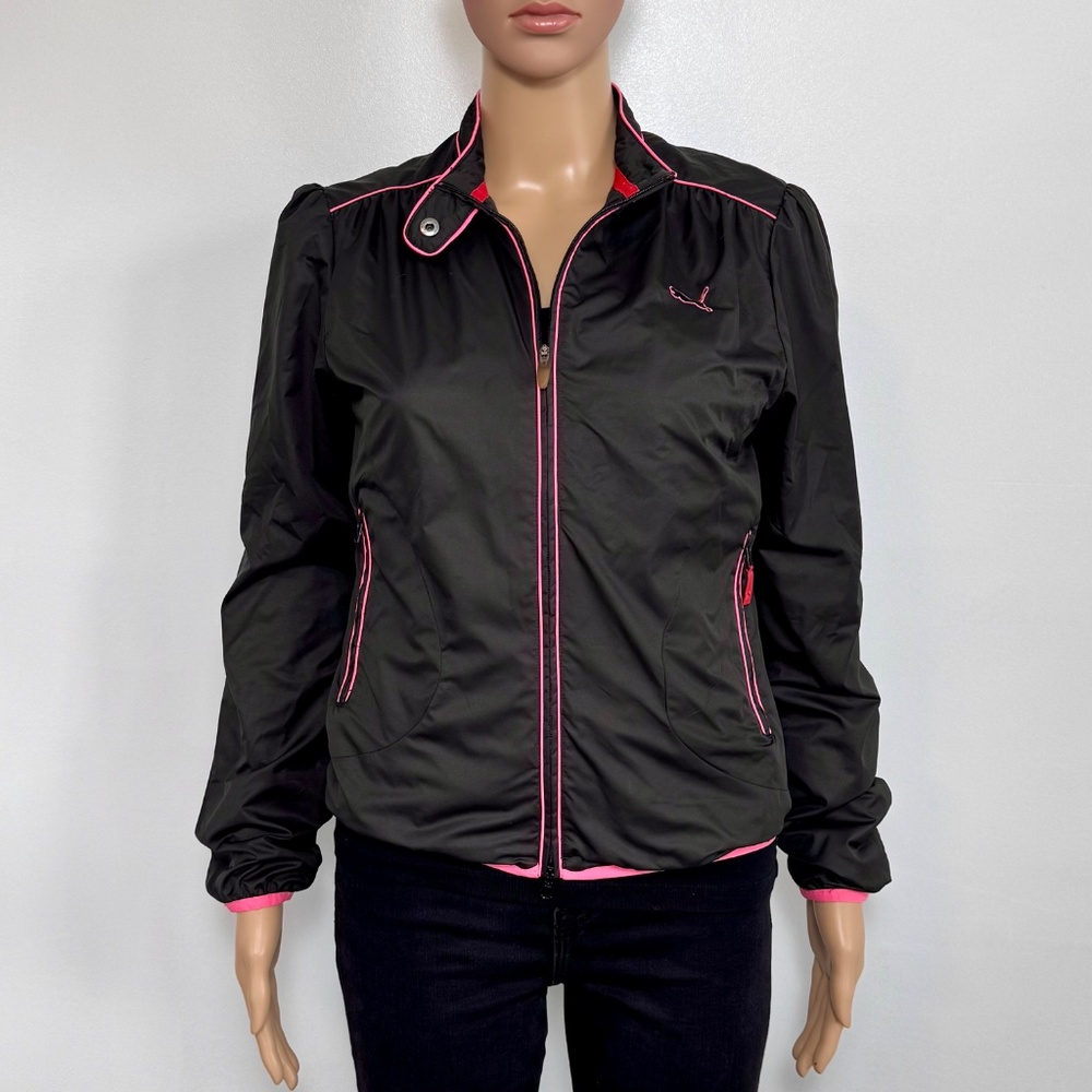 Puma Windbreaker Jacket Puff Shoulder Retro Golf Black & Hot Pink, Size XS